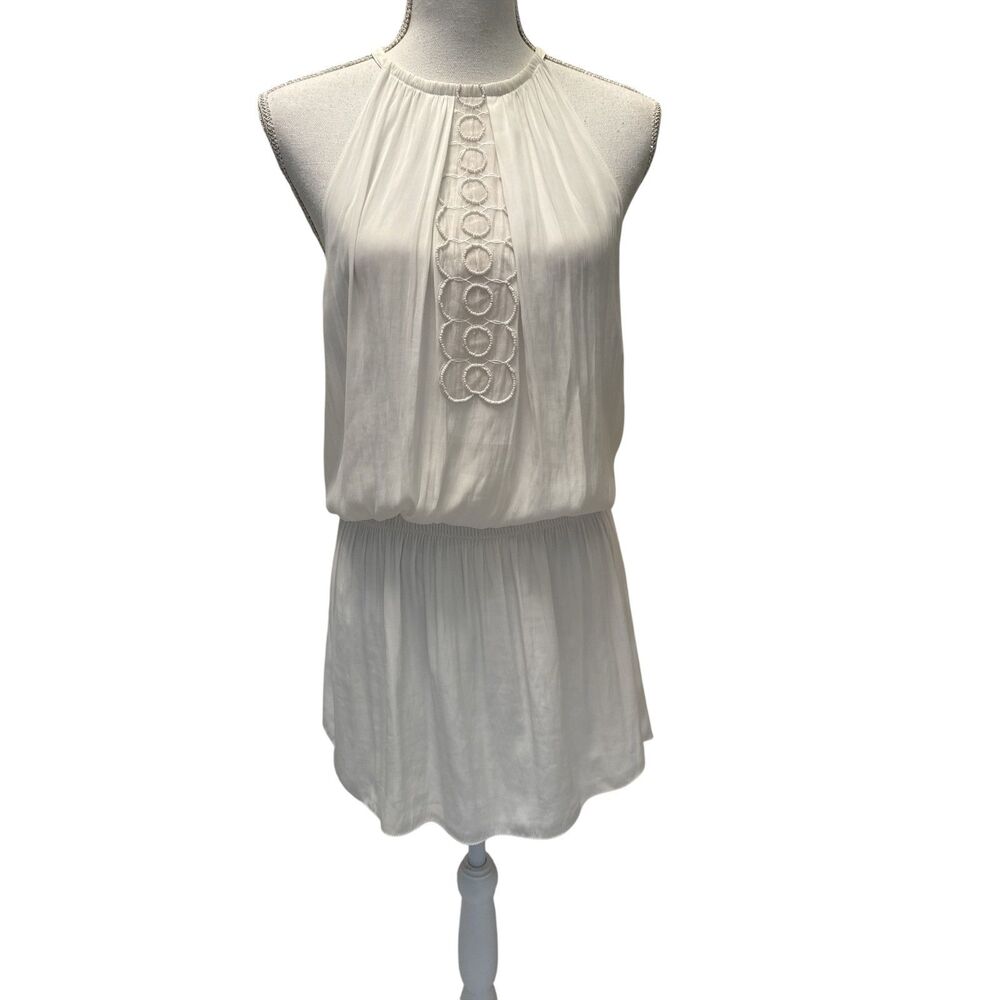 Ramy Brook Delfina Embellished White Halter Neck Smocked Mini Dress S $495